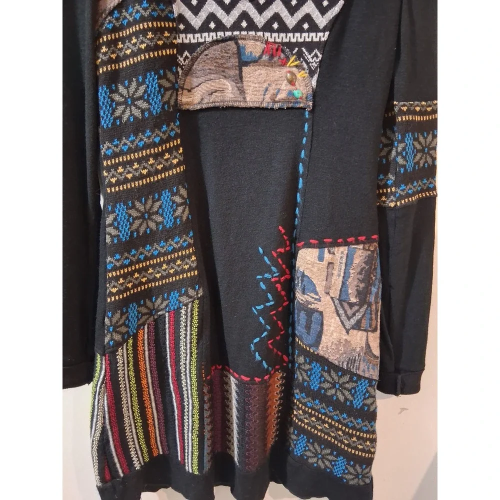 Kessley Womens Patchwork Mixed Media Sweater Dress Black Multi V-Neck Beaded M - Picture 10 of 11